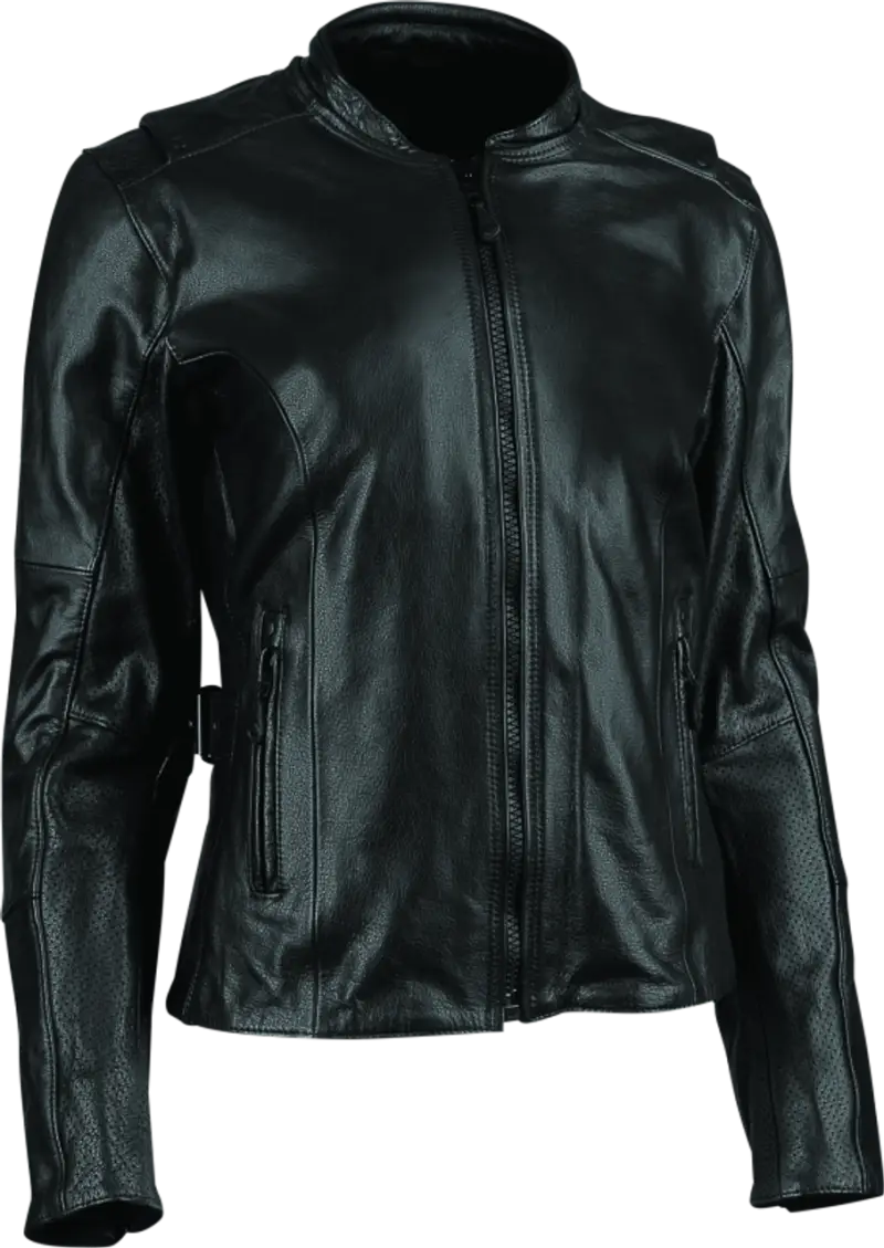 Black leather jacket from Speed and Strength Throttle Body line for women