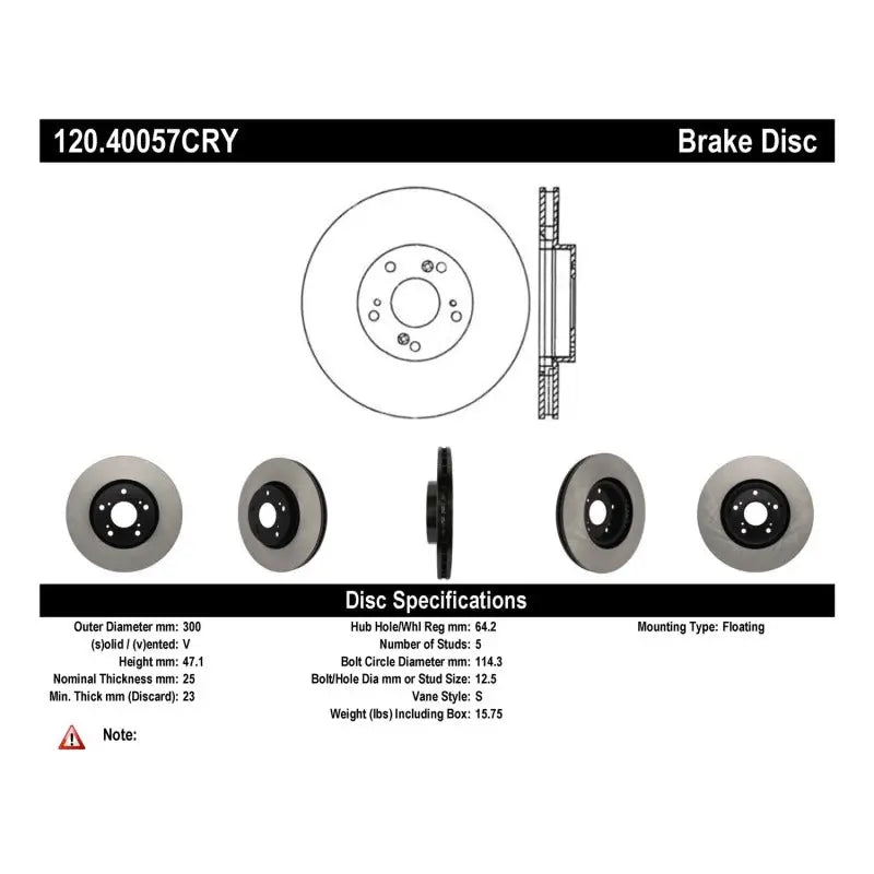 Brake disc with detailed specs for Honda Civic, Stoptech Cryo-Stop Rotor front rotor