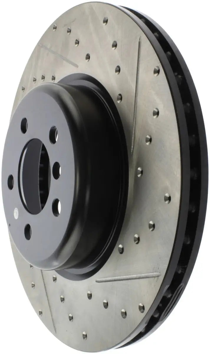 StopTech Sport Drilled slotted rear left rotor, silver perforated with black hub