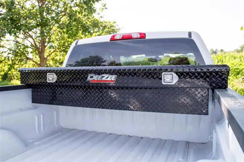 Tool Box Crossover; Single Lid; Diamond Tread; Black Gloss Powder Coated Aluminum; 69-3/4 Inch Length x 20 Width 12.2