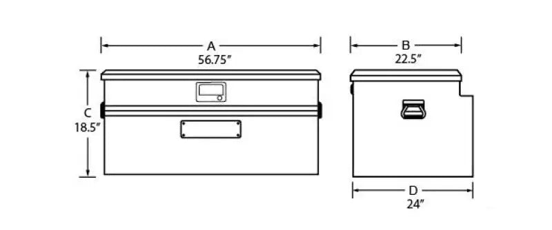 Tradesman Aluminum Flush Mount Truck Tool Box with dimensions in black for easy fit