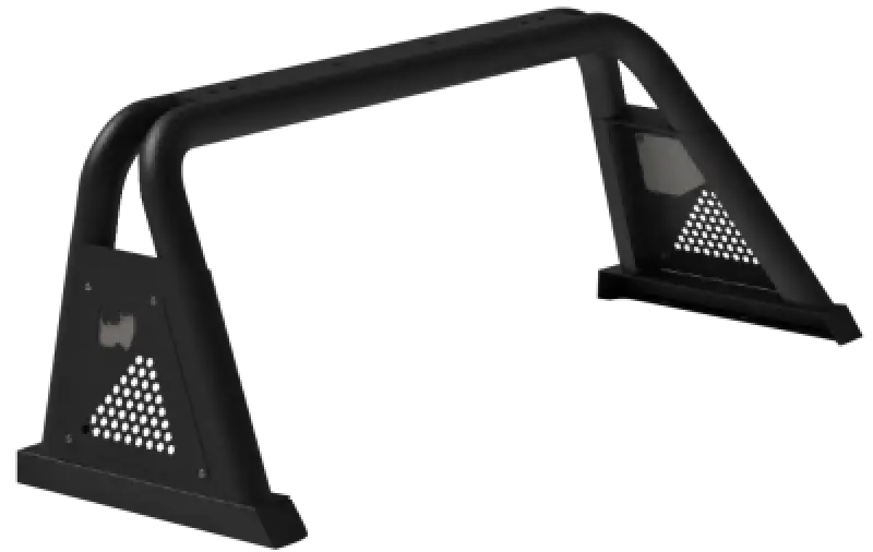 Black metal truck bed bar with mounts for lights, textured powder coat, open rail mount