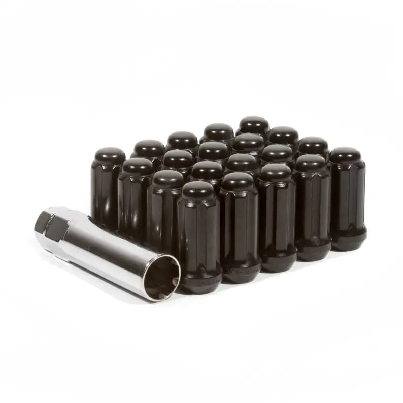 24 black lug nuts and lug nut socket key in the West Coast Wheel Accessories Wheel Installation Kit (ET Shank, Short Shank Closed End, Spline Drive, 14mm x 1.5 Thread Size, 1.55 Inch Overall Length) on a white background.
