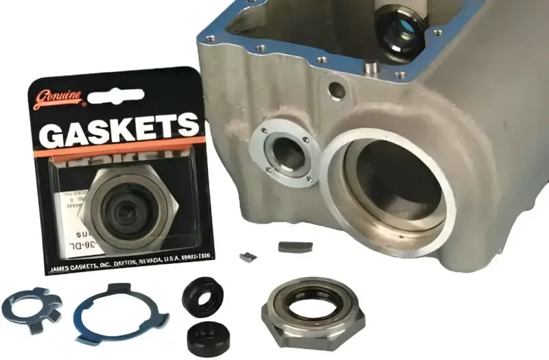 Silver engine block with black gaskets and washers from James Gasket for powersports gaskets