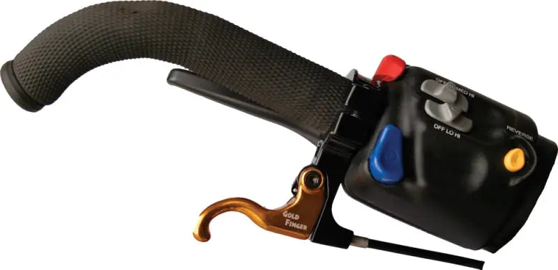 Black and red powersports throttle handlebar grip with textured rubber and blue button