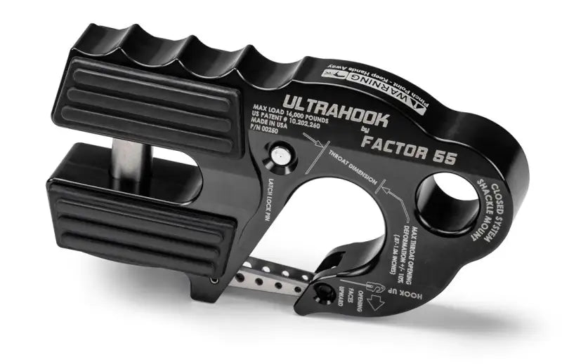 Factor 55 Ultra Hook Black, heavy-duty vehicular recovery hook with precision engineering and closed system shackle mount.