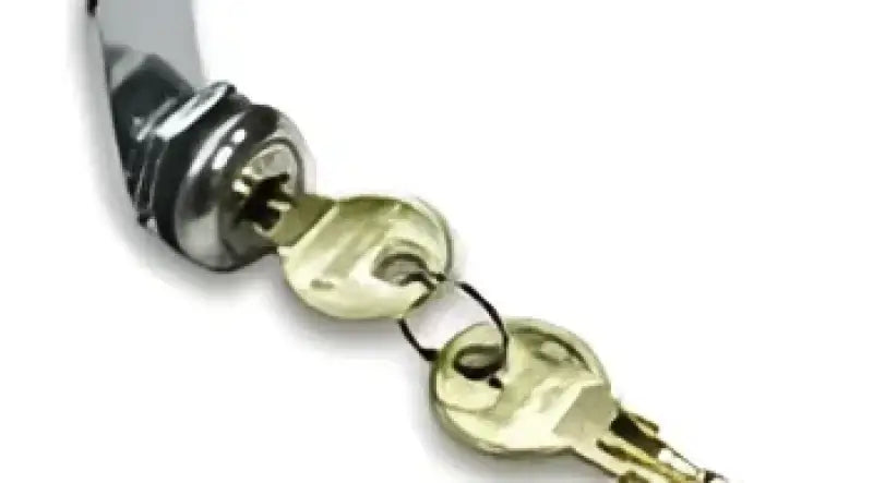 Close-up of 0038196 Key Auto Acc Cabinet Drawer Lock with attached keys, showing the durable construction and secure key mechanism for cabinet drawers.