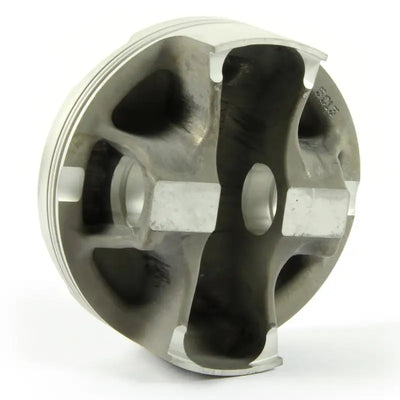 Underside of silver forged piston kit with structural supports for RV and truck parts