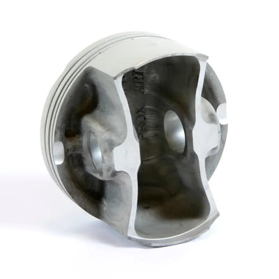 Cutaway engine piston showing forged nikasil piston kit for Kaw/Suz engines