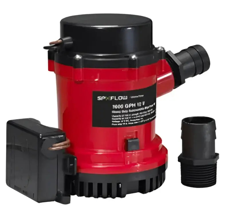 Johnson Pump HD Bilge Pump 1600 GPH with Ultimate Switch 12V, featuring a black and red design, shown with an attached switch and additional connector accessory.