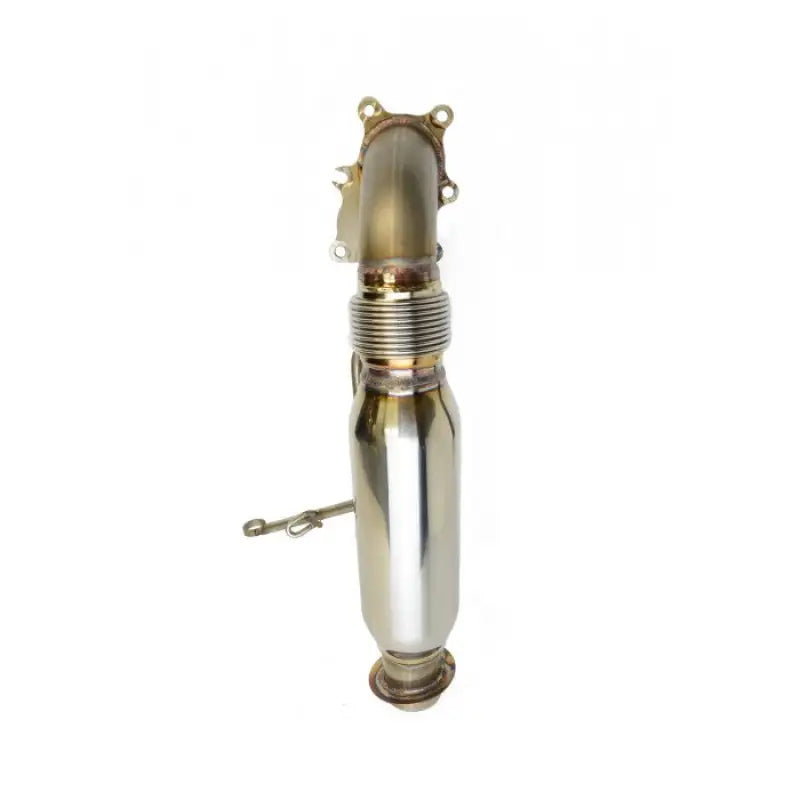 Polished metallic exhaust downpipe with flexible section for Powder Lite Muffler 02-126PL-SC