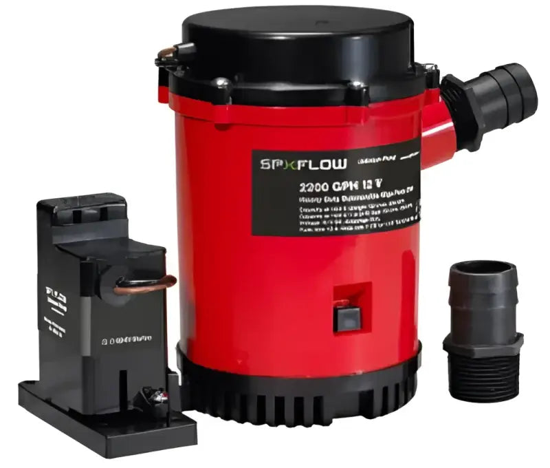 Red and black Johnson Pump HD bilge pump with float switch and hose adapter