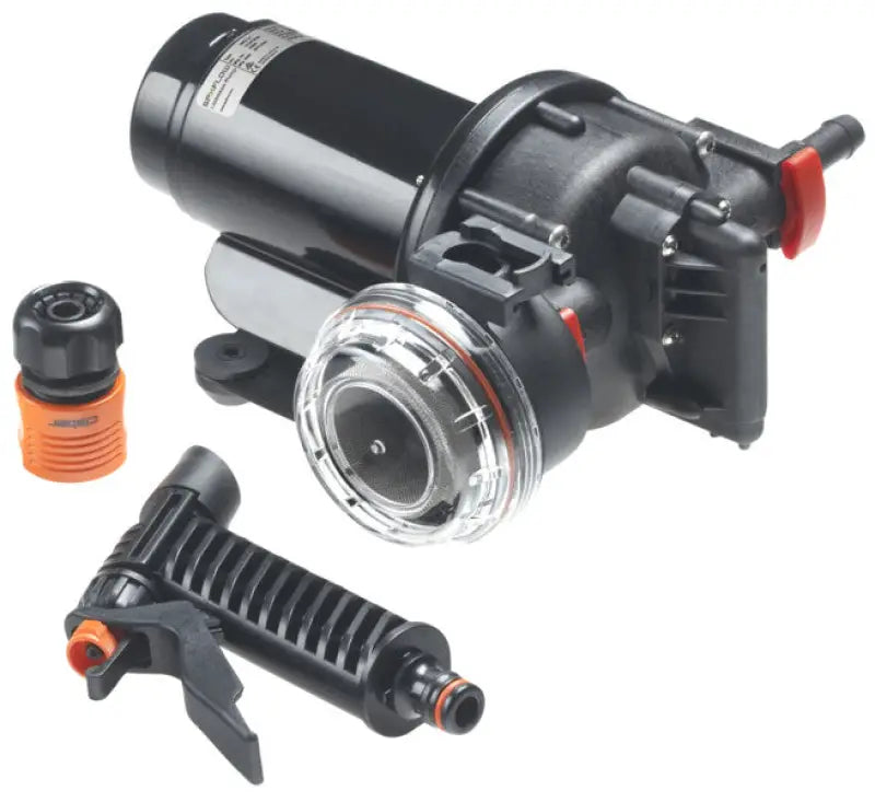 Johnson Pump Aquajet 3.5Gpm Washdown Kit 12V, powerful marine RV agricultural cleaning tool, durable black and orange construction.