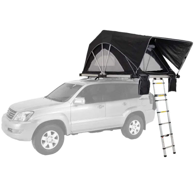 Silver SUV from Freespirit High Country Series with black rooftop tent and ladder