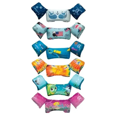 Assorted maritime-themed life vests from Airhead Otter Elite Ch Life V collection, showcasing vibrant designs and high-quality construction for ultimate safety and comfort in water activities.