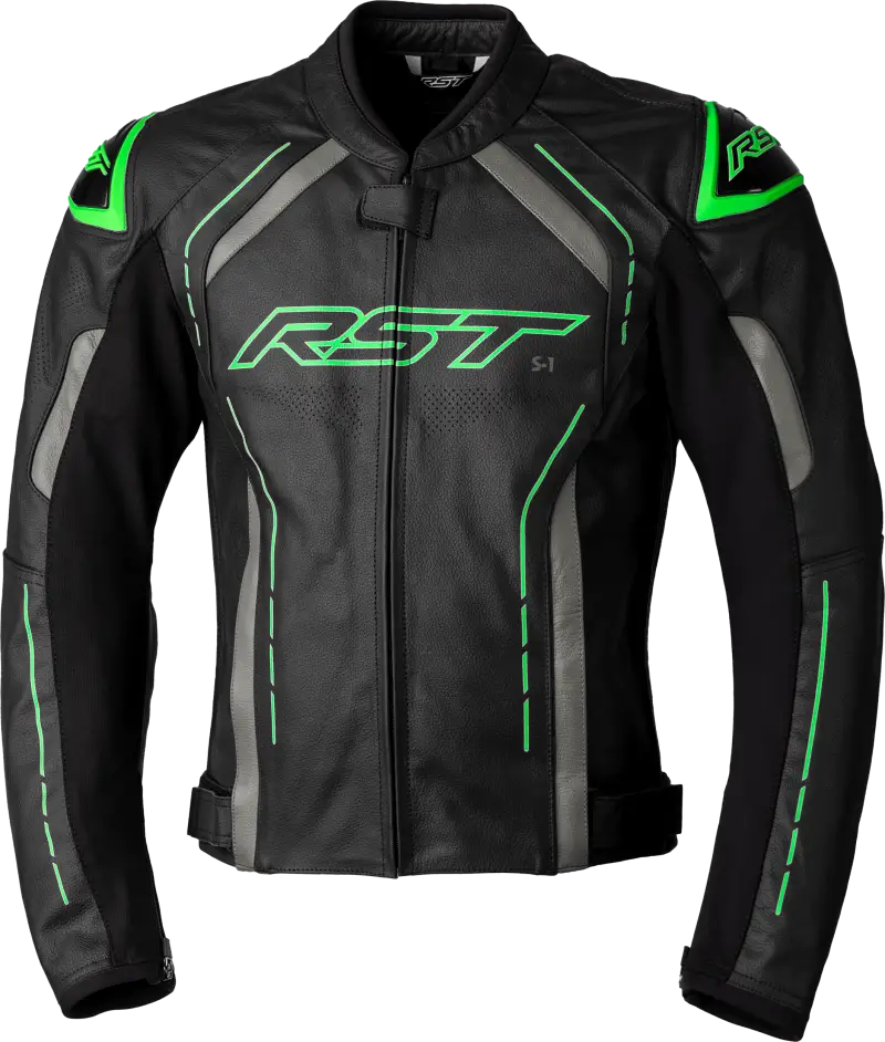 102977NEO-44 Rst S1 Ce Jacket Black/Grey/Neon Grn Lthr Lg - RV and Auto Parts