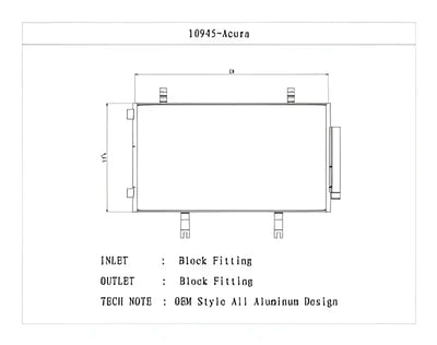 10945 Csf Radiator Ac Condenser diagram, Acura fitment, block fitting inlet and outlet, OEM style all aluminum design.