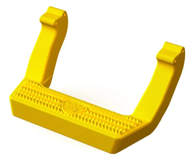 Yellow PWD coat gator clip with textured surface and reinforced corners