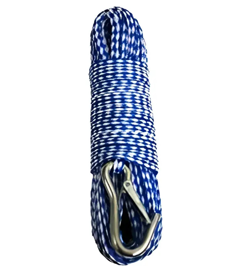 Coiled blue and white hollow braided polypropylene anchor rode with metal clip for Marine use