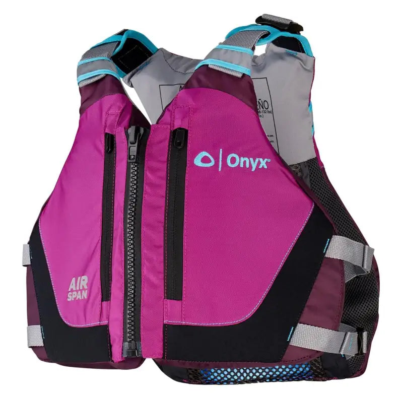 Onyx Outdoor Air Span Breeze Paddling Kayak Vest in vibrant purple with adjustable straps and breathable mesh back.