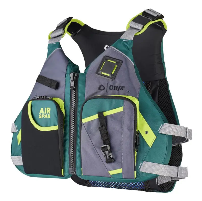 Onyx Outdoor Air Span Angler Paddling Kayak Vest, model 123200-400-020-23, featuring adjustable straps and multiple pockets.