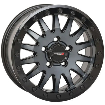 Black alloy wheel on System 3 Sb8 Wheel 15X10 Matte Brushed Grey design