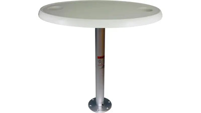 Round white Springfield table with silver pedestal from Springfield Table Package