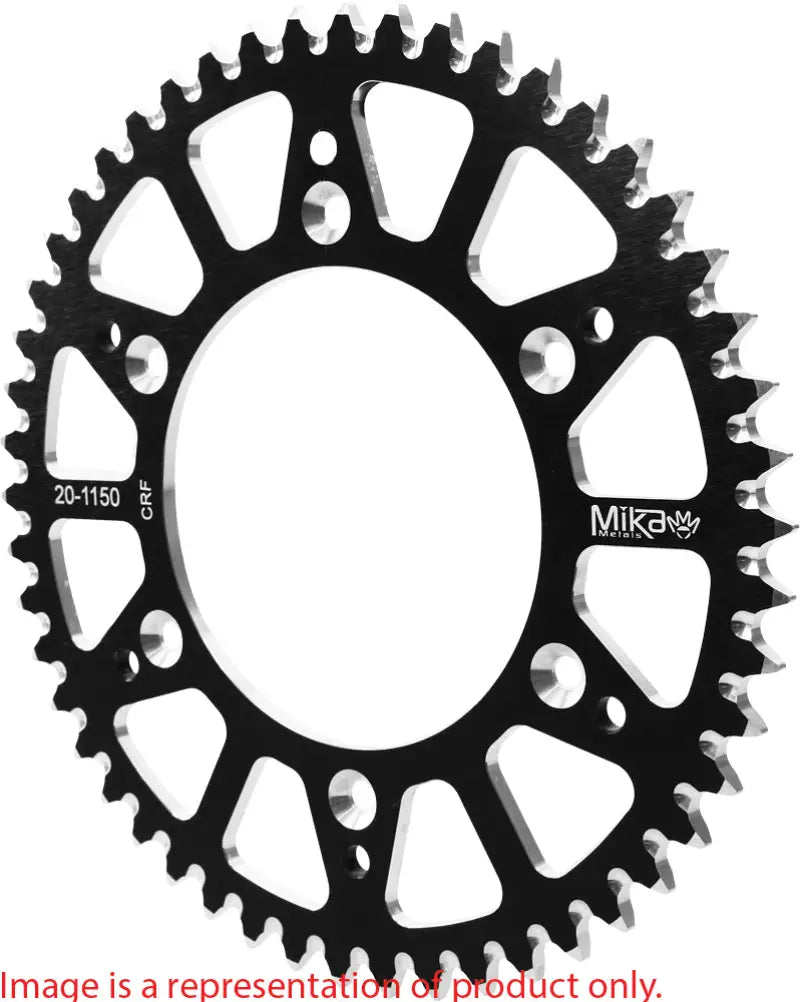 Black motorcycle rear sprocket by Mika Metals, perfect for RV parts & accessories
