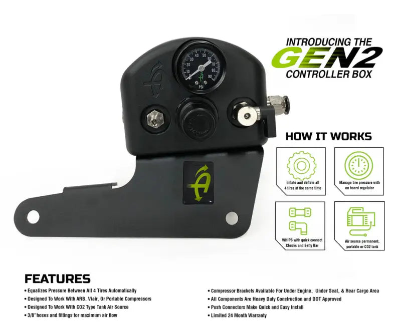 Black tire inflation controller box for Overland VCL 4 Tire Inflation System focusing on tire pressure