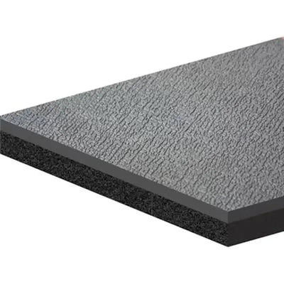 Textured gray and black layered material of Dyna Deck by Dynamat Dyna for soundproofing