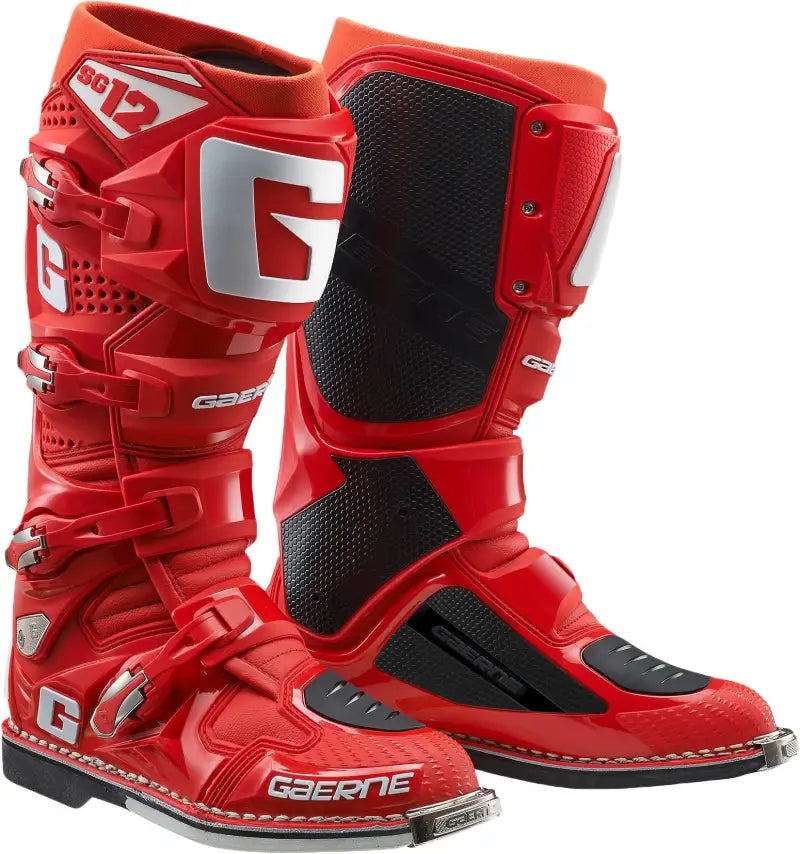 Red SG-12 boots with streamlined toe box, silver buckles, black accents, comfy memory foam interior