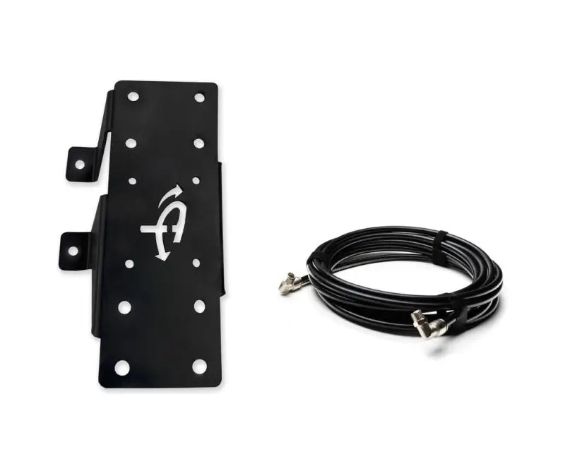 Black metal mounting bracket with coiled cable from Overland VCL Freedom combo kit