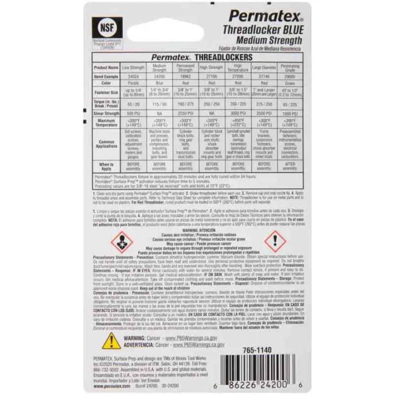 Permatex 24200 Medium Strength Threadlocker Blue 6ml Label