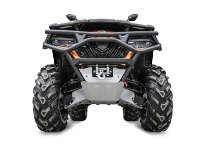 Front view of ATV with winch and large tread tires, Rival Powersports USA gear