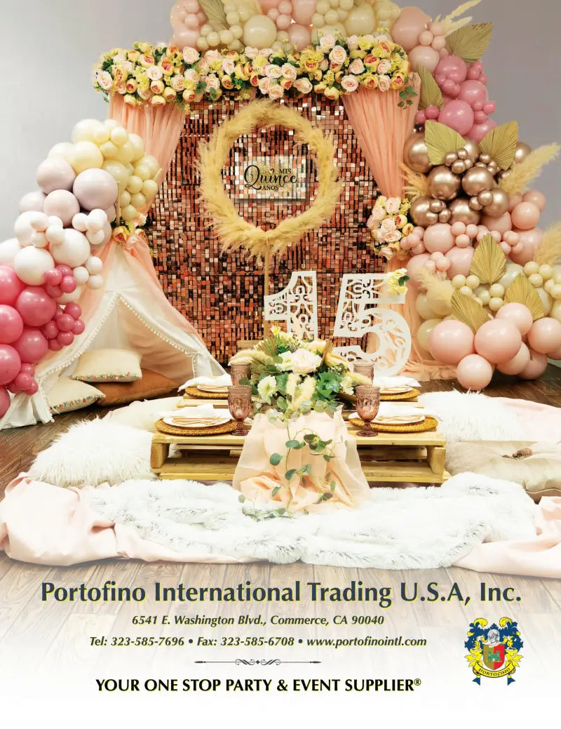 Elegant quinceañera event setup featuring a rose and balloon backdrop by Portofino International Trading U.S.A., Inc.