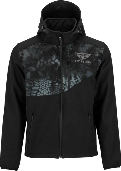 Black hooded checkpoint jacket with camouflage pattern and cinch-cord adjustment 354-63852x