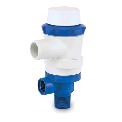 Shurflo 357-113-10 12 Vdc 800 Gph submersible pump with 3/4' port, blue and white, durable and high-performance for various liquid transfer applications.