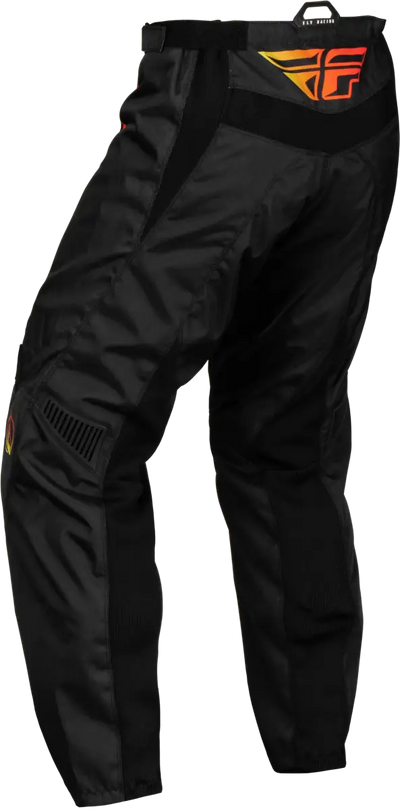 "377-23124 Youth F 16 Pants Black/Yellow/Orange Sz 24, featuring a mesh comfort liner, multi-directional stretch ribbing, low profile stretch leg cuffs, 600D polyester, YKK main zipper, soft-flex protective rubber details, ergonomically pre-shaped knee, ratcheting closure and waist belt, Standard fit, RV, Automotive, Powersports, Pants, AVADA - Best Sellers"