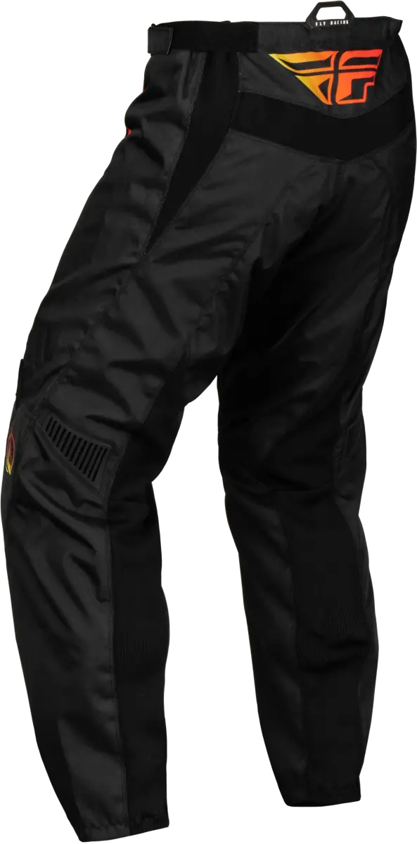 "377-23124 Youth F 16 Pants Black/Yellow/Orange Sz 24, featuring a mesh comfort liner, multi-directional stretch ribbing, low profile stretch leg cuffs, 600D polyester, YKK main zipper, soft-flex protective rubber details, ergonomically pre-shaped knee, ratcheting closure and waist belt, Standard fit, RV, Automotive, Powersports, Pants, AVADA - Best Sellers"
