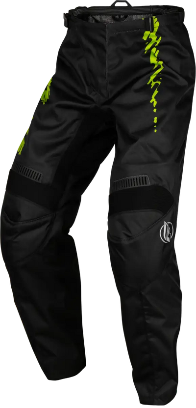 Youth F 16 Pants Black/Neon Green/Light Grey, featuring mesh comfort liner, multi-directional stretch ribbing, 600D polyester, YKK® main zipper, ergonomically pre-shaped knee, and ratcheting closure for adjustability, Powersports,Pants,AVADA - Best Sellers