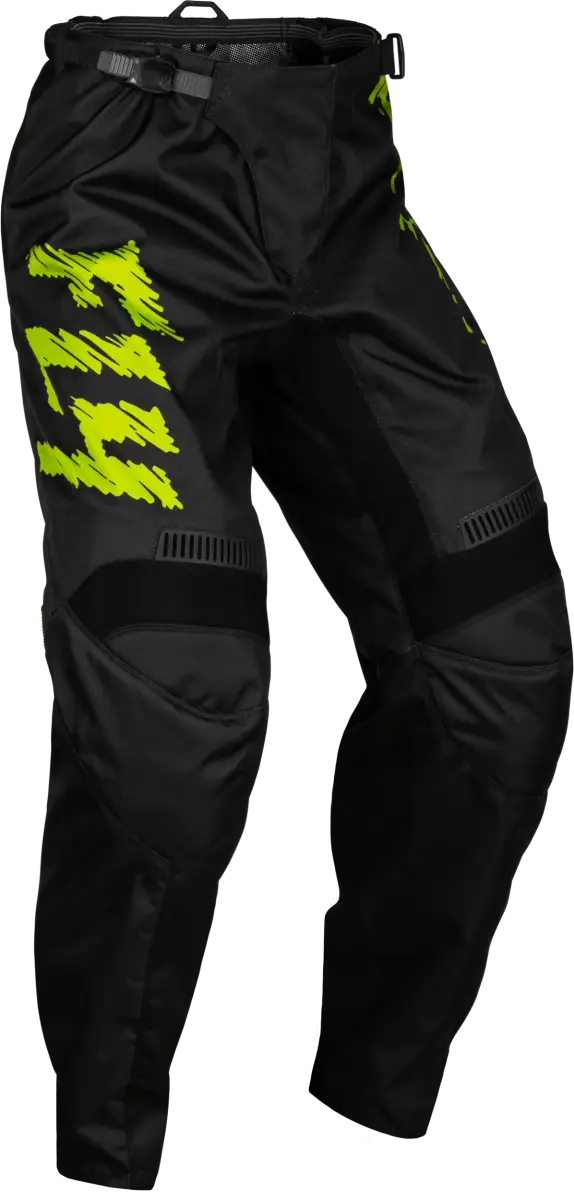 Youth F 16 Pants in Black, Neon Green, and Light Grey featuring mesh comfort liner, flexible ribbing, durable 600D polyester, protective rubber details, ergonomic knee design, and adjustable waist belt. Ideal for RV, Automotive, Powersports, off-road, marine, exterior, truck accessories, interior, truck bed, rv parts. Powersports, Pants, AVADA - Best Sellers