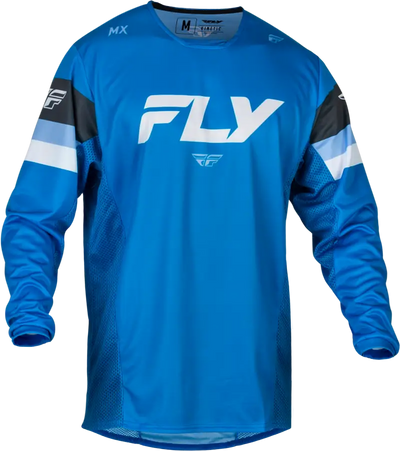 Bright Blue/Charcoal/White Fly Kinetic Prix Jersey with tagless comfort-stretch collar and gusset, relaxed shorty elastic sleeve cuffs, multi-panel construction, mesh ventilation, extended tail, standard fit for optimal performance and comfort for RV, Automotive, Powersports,Jerseys,AVADA - Best Sellers