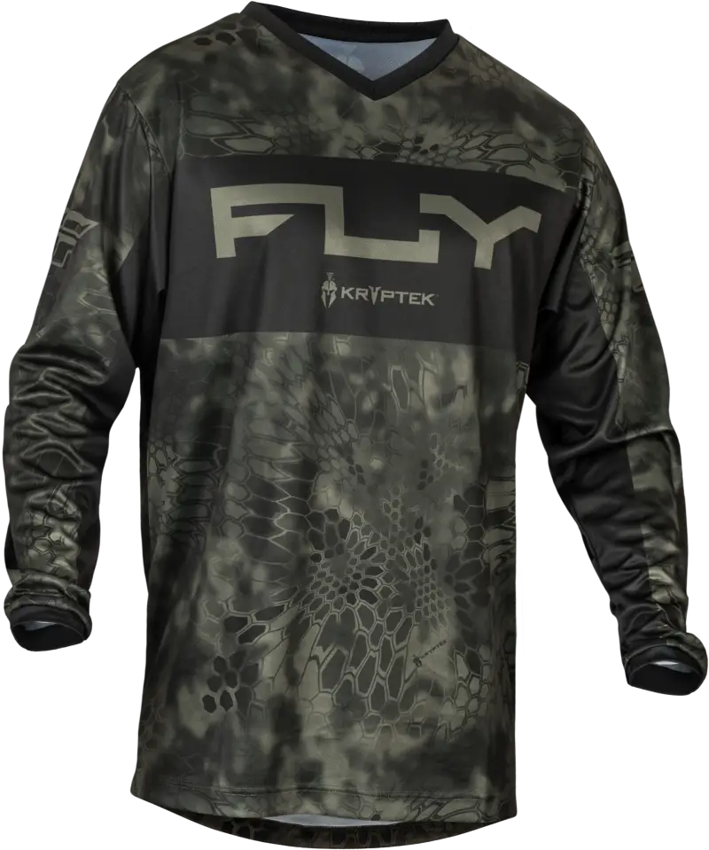 "377-925L F 16 Se Kryptek Jersey in MoSS Grey/Black, featuring tag-less comfort-stretch collar, relaxed elastic sleeve cuffs, lightweight durable polyester construction, extended tail for tuck-in, Powersports,Jerseys,AVADA - Best Sellers"