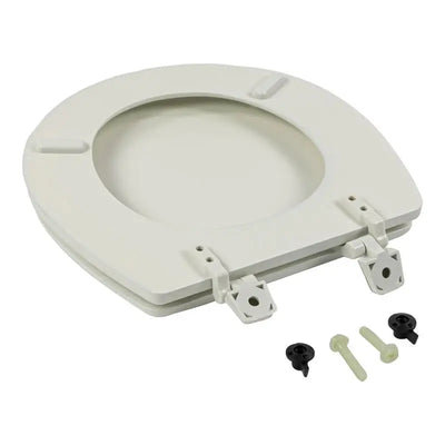 Off-white Dometic toilet seat with hinges and hardware