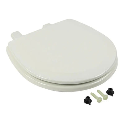 Off-white Dometic toilet seat with smooth surface, lid and hardware