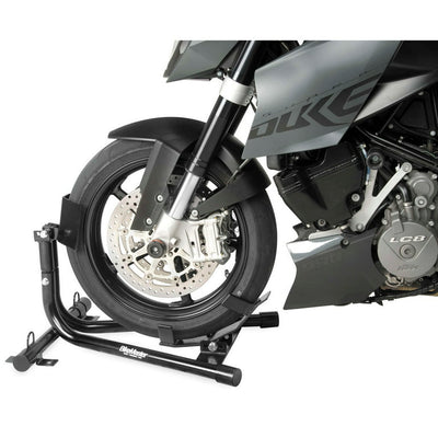 BikeMaster Universal Steel Roll-On Stand supporting a motorcycle front wheel for maintenance and storage.
