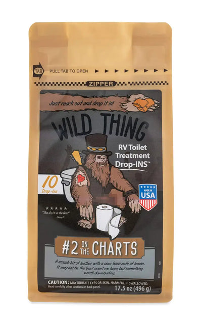 Bag of Camco Wild Thing RV toilet treatment drop-ins for easy camping clean-up