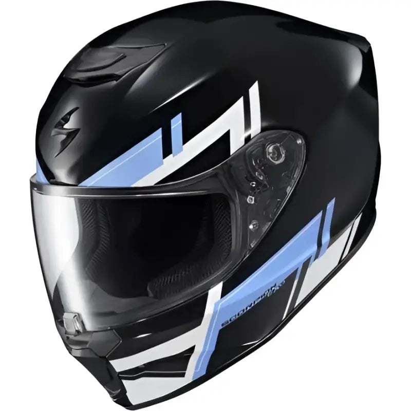Black motorcycle helmet with blue and white stripes for Scorpion Exo-R420 Full-Face Helmet