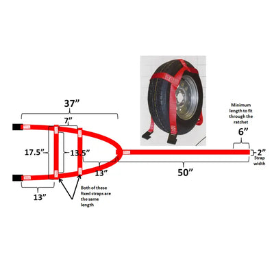 Red tire strap diagram with measurements for Tow Dolly Tie Down Products Tie