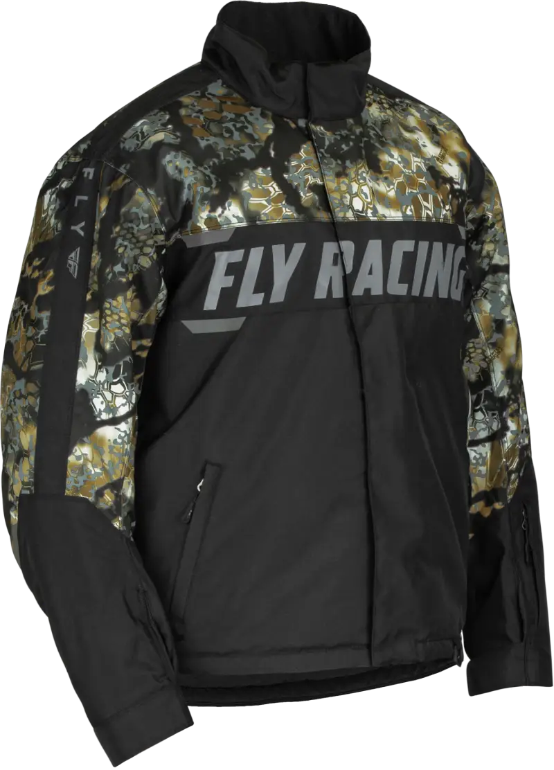 Camouflage and black Fly Racing Outpost Jacket Obskura Skyfall Sm for outdoor riding